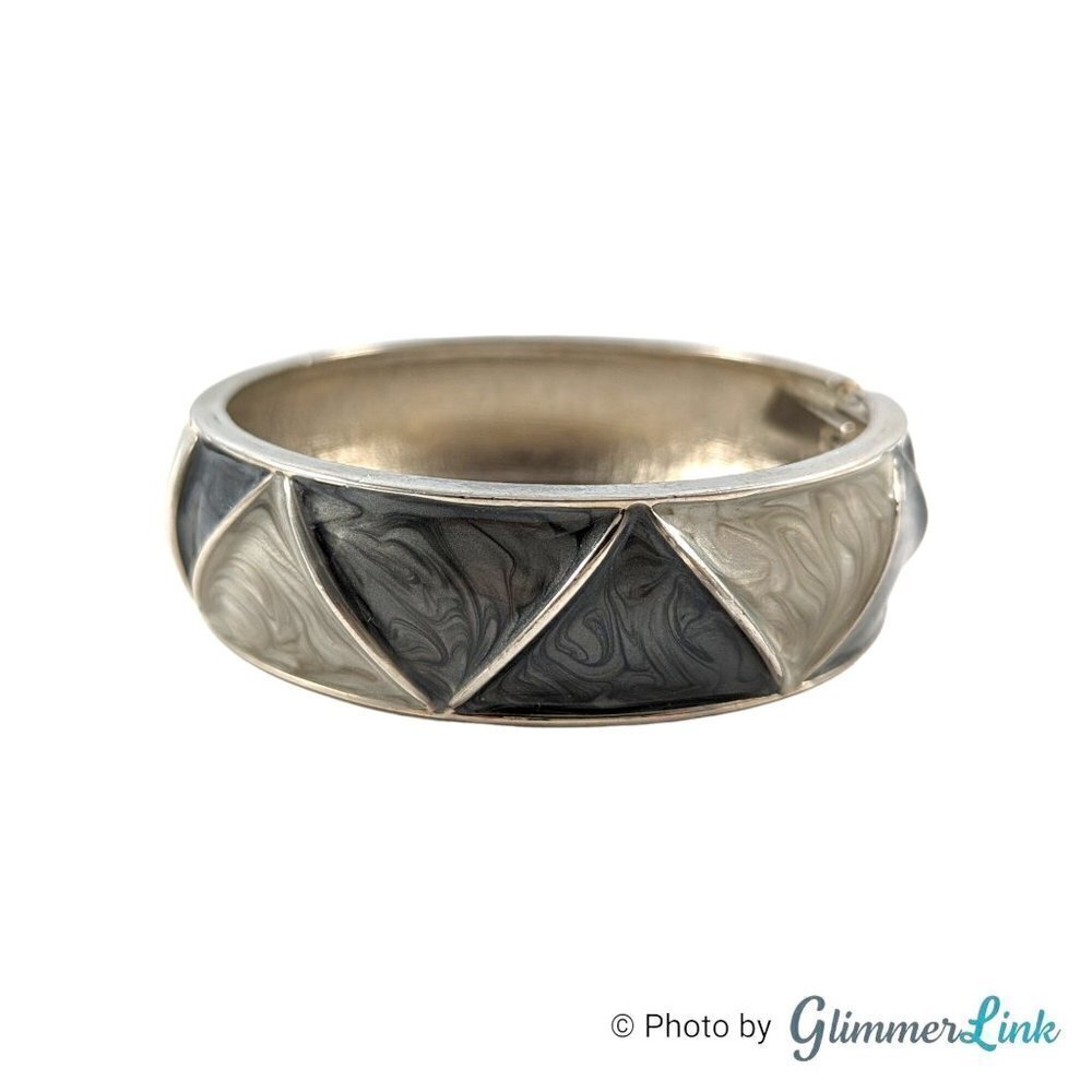 Vintage Enamel Swirl Geometric Hinged Silver Tone Bangle Clamper Bracelet